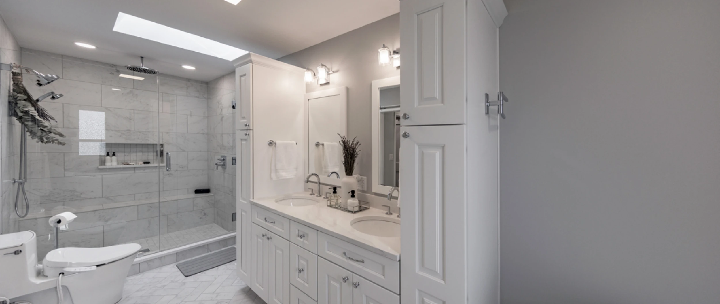 Contemporary Primary Bathroom in Clarks Summit, PA, Double Vanity & Frameless Shower