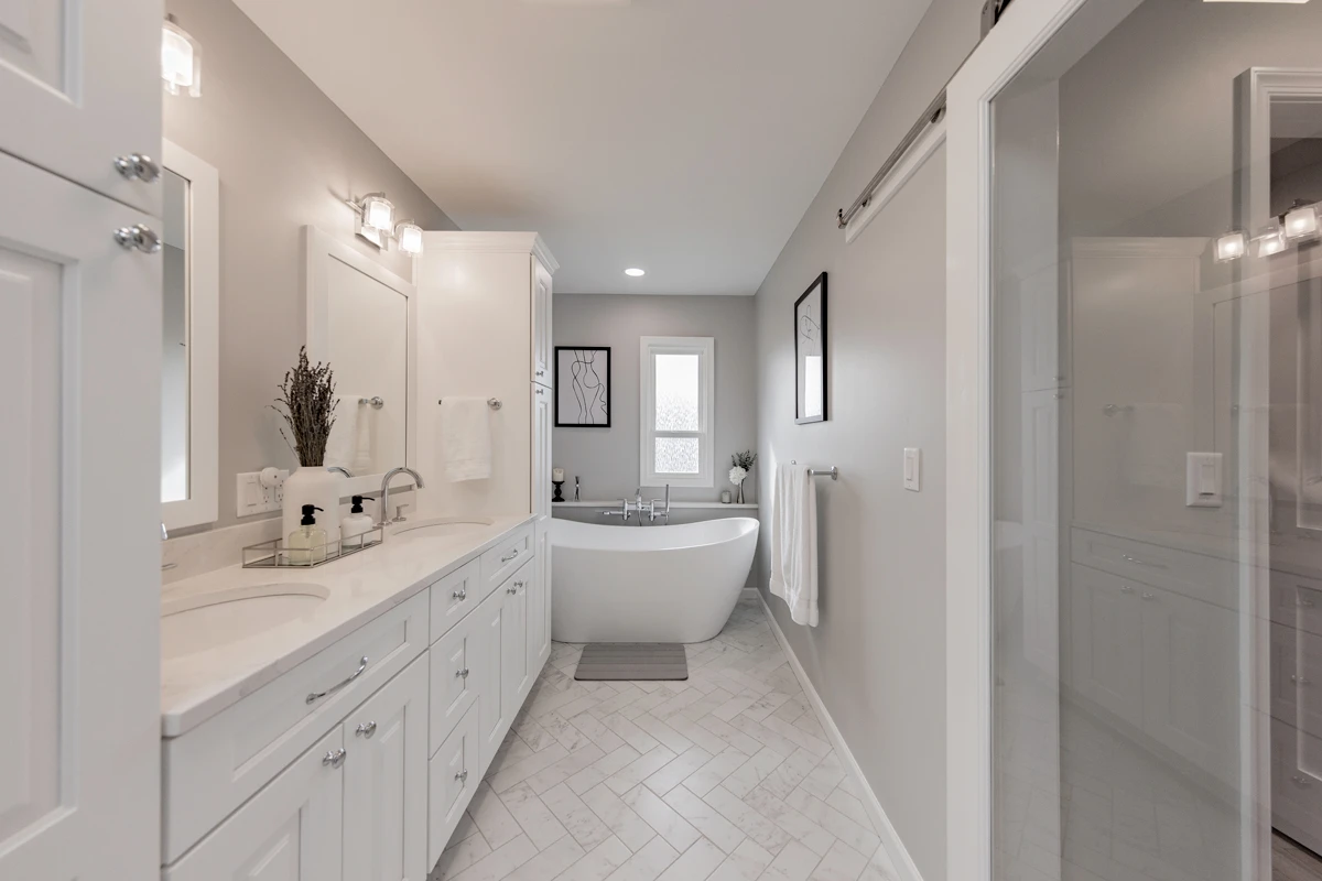 Contemporary Primary Bathroom in Clarks Summit, PA — Double Vanity & Frameless Shower, photograph 2
