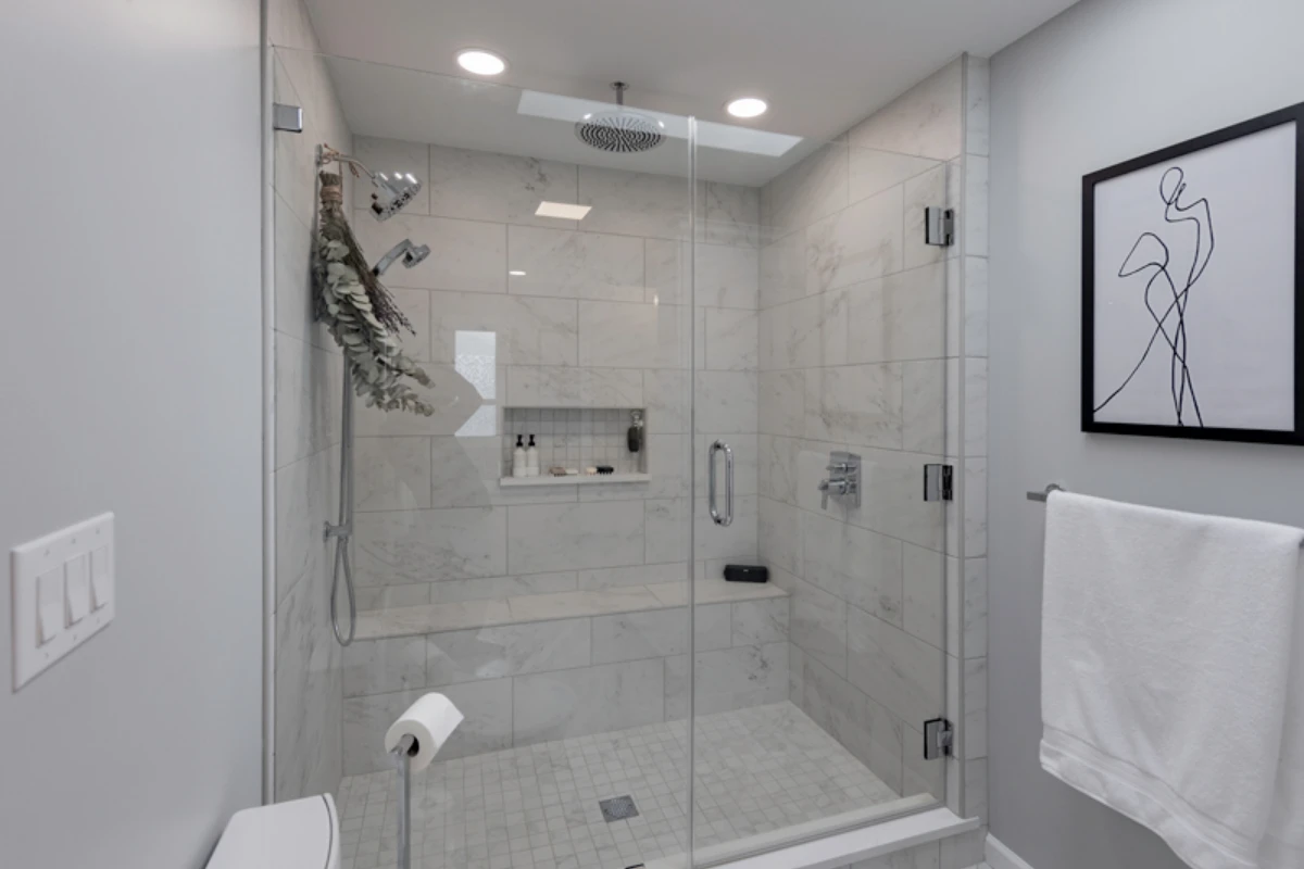 Contemporary Primary Bathroom in Clarks Summit, PA — Double Vanity & Frameless Shower, photograph 3