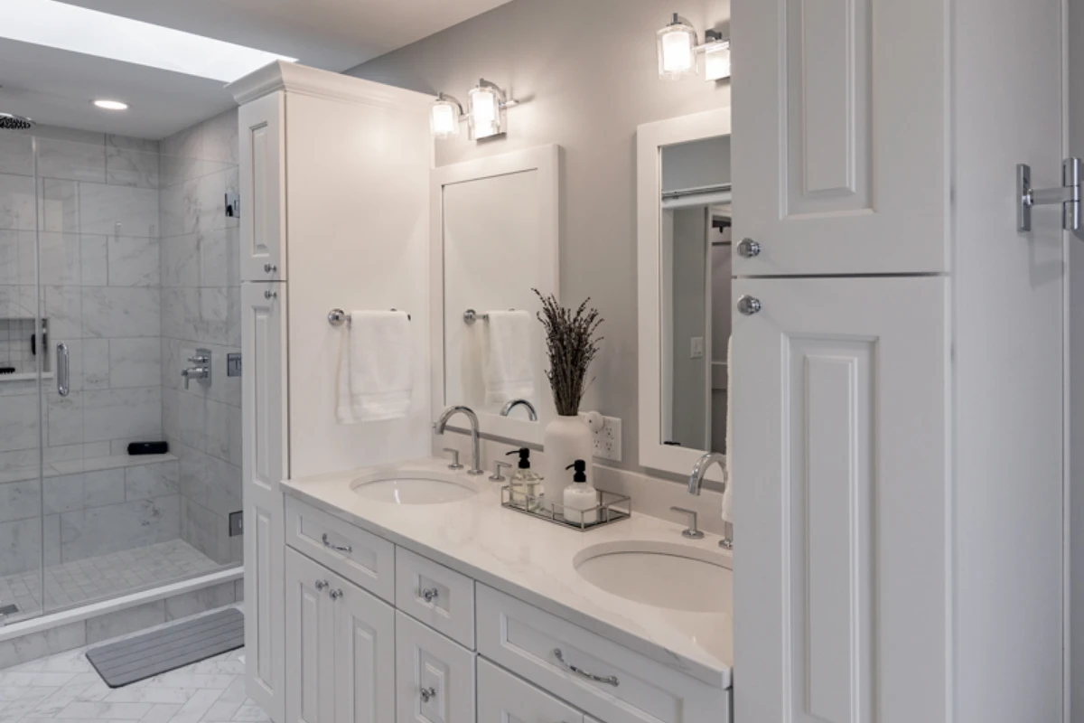 Contemporary Primary Bathroom in Clarks Summit, PA — Double Vanity & Frameless Shower, photograph 4