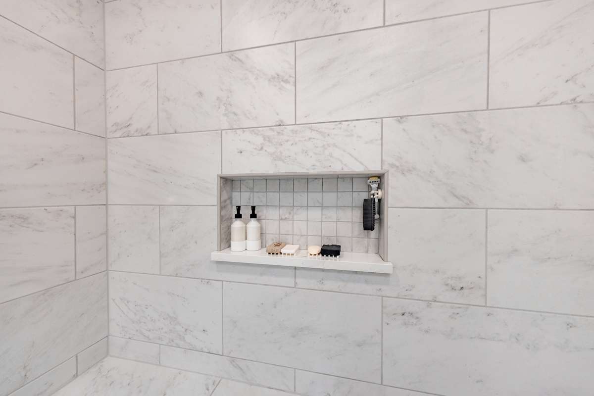 Contemporary Primary Bathroom in Clarks Summit, PA — Double Vanity & Frameless Shower, photograph 6