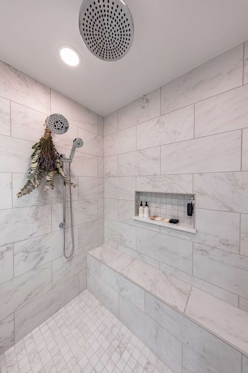 Contemporary Primary Bathroom in Clarks Summit, PA — Double Vanity & Frameless Shower, photograph 9
