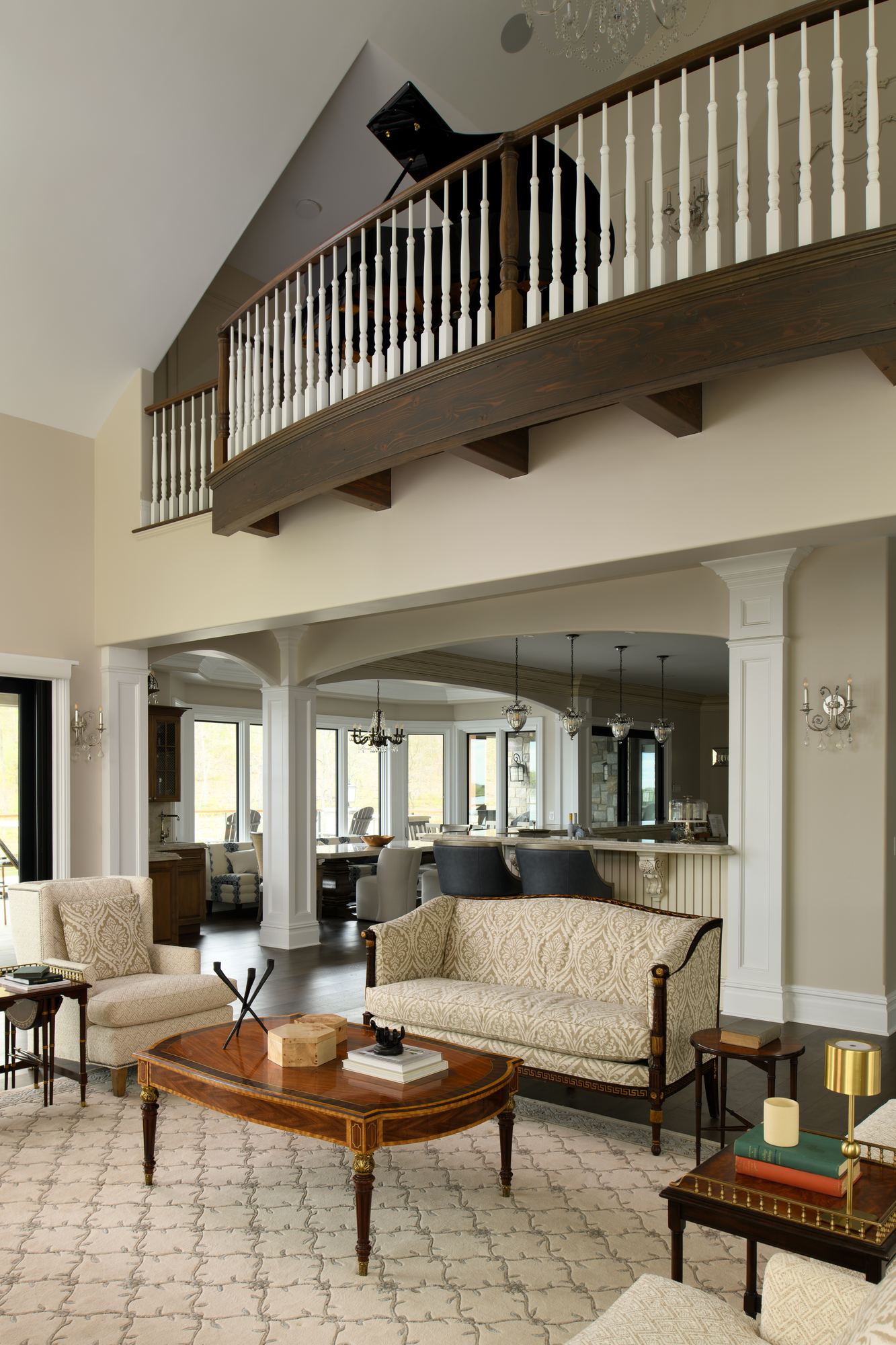Great room seen from below the mezzanine balcony