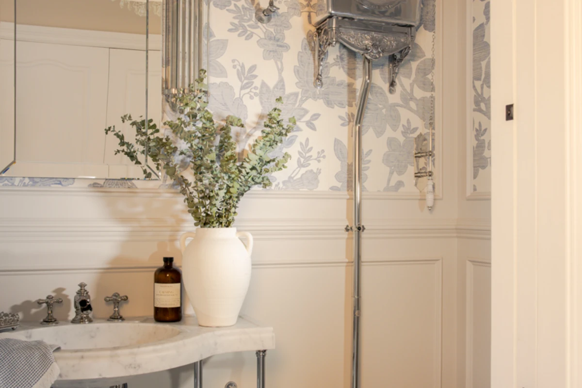 French-Inspired Jewel Box Powder Room in Newton Ransom, PA, photograph 5