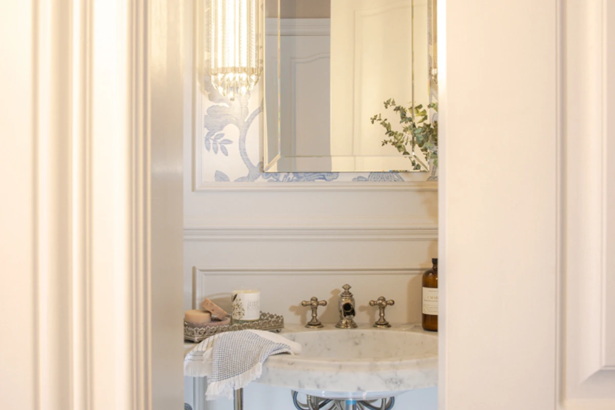 French-Inspired Jewel Box Powder Room in Newton Ransom, PA, photograph 6