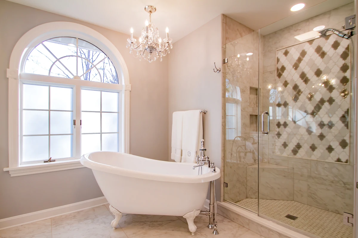 Spa-Inspired Bathroom Remodel with Freestanding Tub & Custom Tile Shower in Dallas, PA, photograph 2